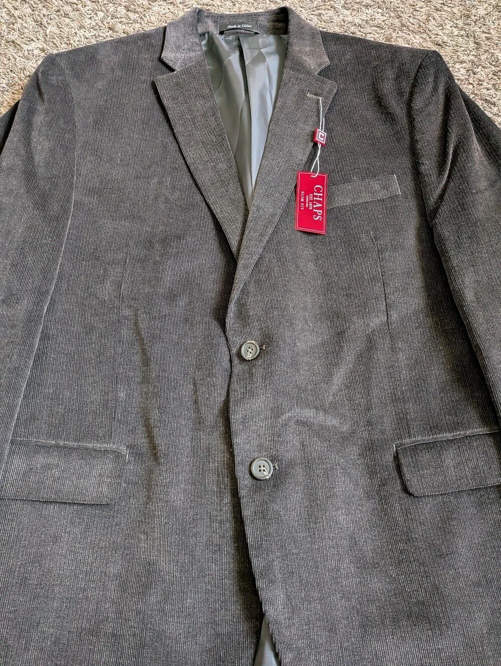 NWT Chaps Slim Fit Grey Cotton Corduroy 2-Button Blazer Jacket Men's 46R